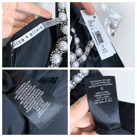 NEW Alice + Olivia Laurena Mini Dress (Sz 8) Pearl Embellished Empire Black - Picture 10 of 15